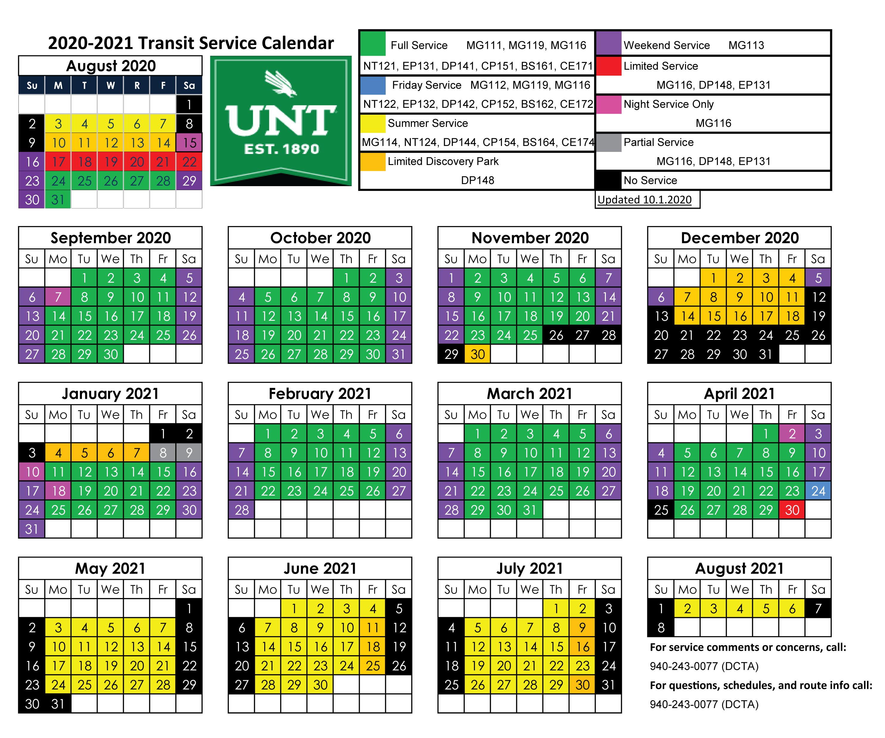 2020-2021 UNT Service Calendar Day counts